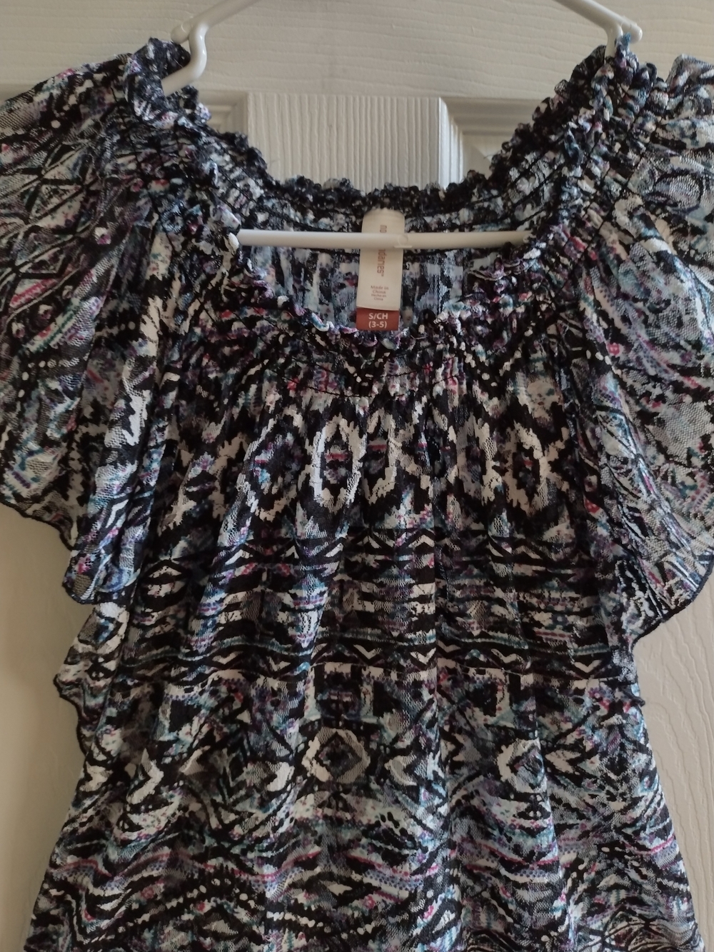 Boho Smocked Off-Shoulder Top in Black & White Pattern - Picture 2 of 5